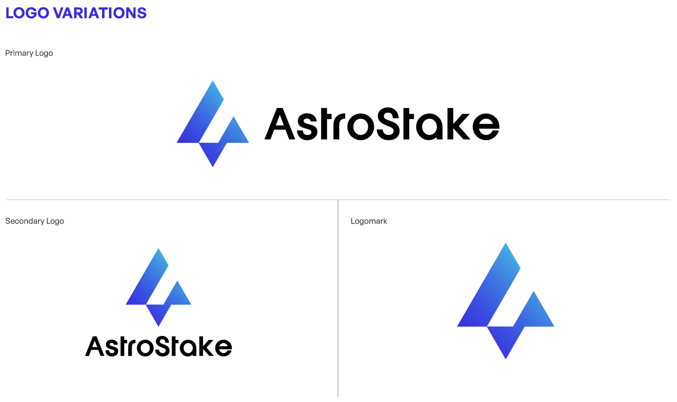 AstroStake logo variations including primary, secondary, and logomark versions